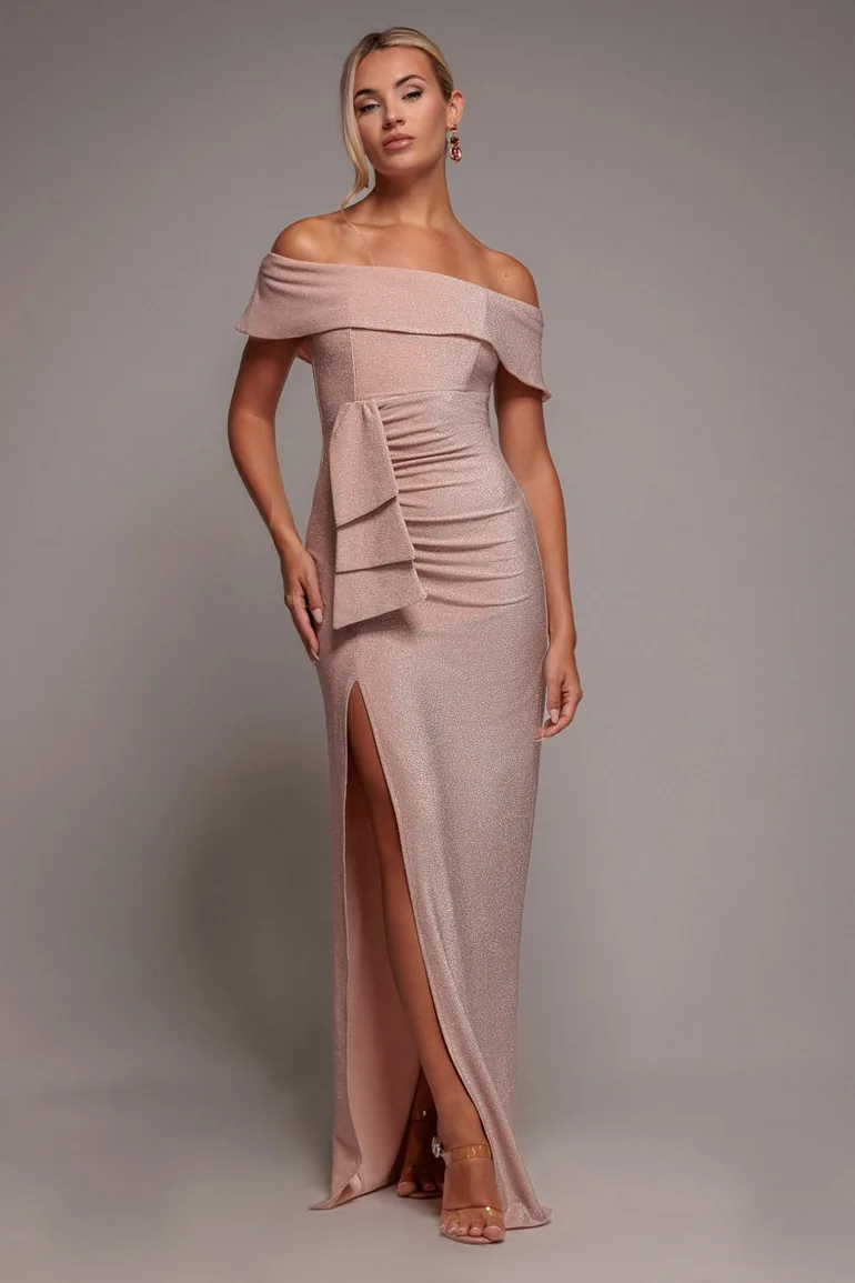Goddiva Lurex Bardot Maxi With Waterfall Ruffle - Blush - 2