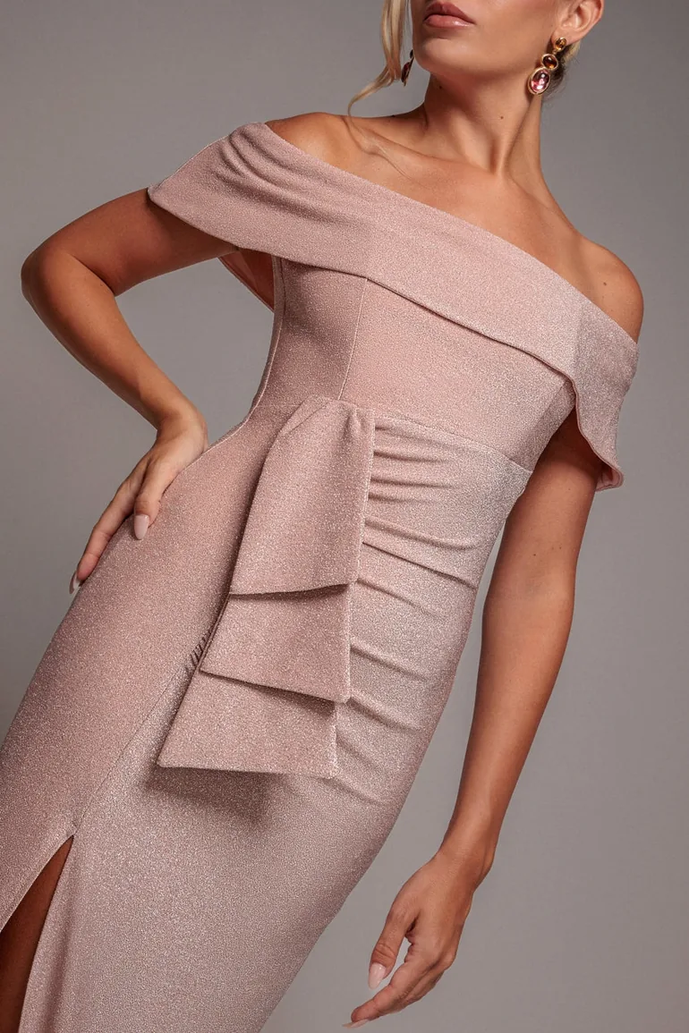 Goddiva Lurex Bardot Maxi With Waterfall Ruffle - Blush - 3