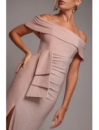 Goddiva Lurex Bardot Maxi With Waterfall Ruffle - Blush - 3