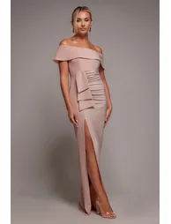 Goddiva Lurex Bardot Maxi With Waterfall Ruffle - Blush
