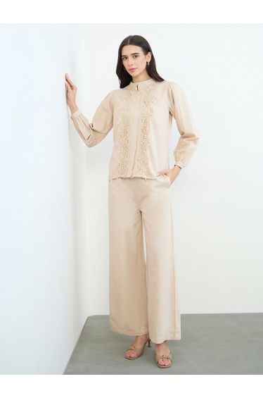 Cream Lace Inset Cotton Shirt and Pants Co-Ord Set