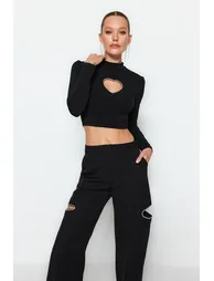 Black Fitted Stone Print Crop Top - 2
