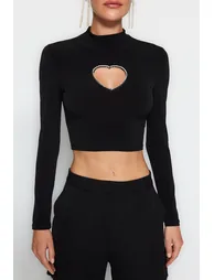 Black Fitted Stone Print Crop Top - 3