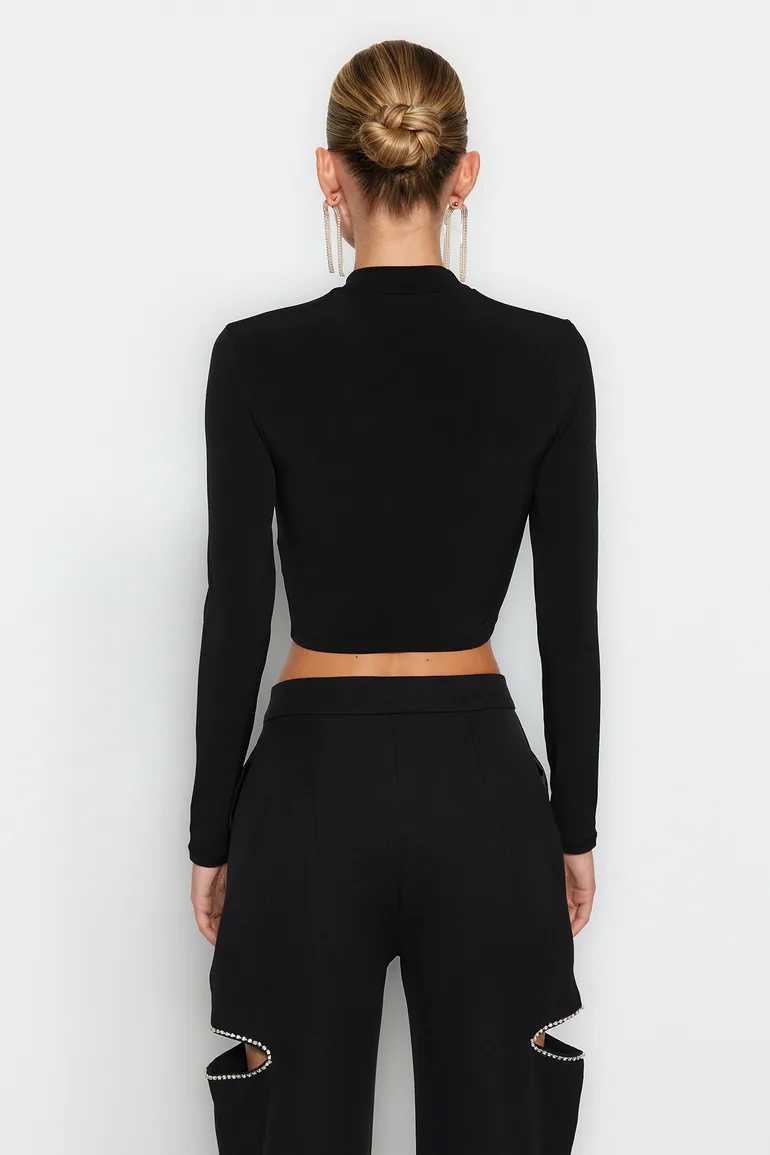 Black Fitted Stone Print Crop Top - 5