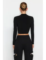 Black Fitted Stone Print Crop Top - 5