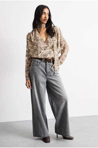 Burnout Chiffon Printed Extreme Shoulder Blouse