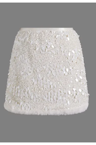 Faux Fur Edge Teardrop Sequin Mini Skirt in Cream