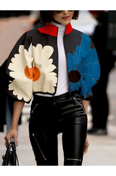 Contrast Color Floral Flower Print Zipper Stand Collar Jackets Outerwear