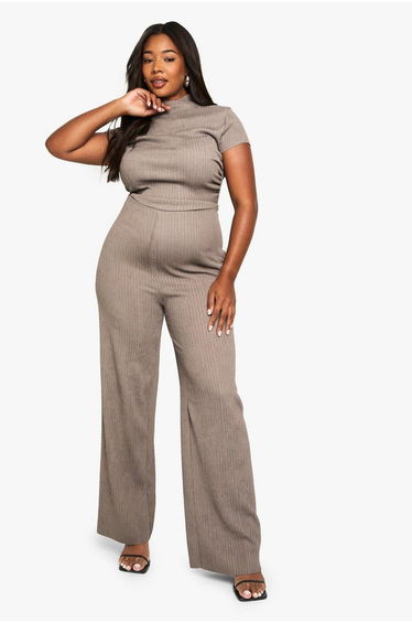 plus ripple texture high neck jumpsuit - mocha
