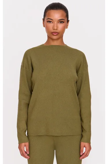 Khaki Light Rib Knit Oversized Top