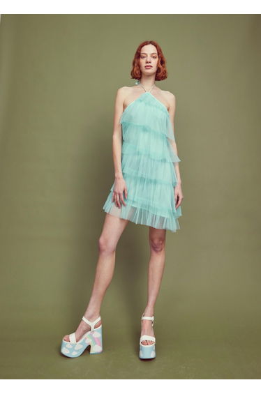 Turquoise Pleated Tulle Halterneck Mini-dress