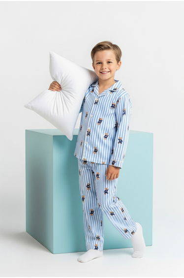 Blue soft touch boys' patterned shirt collar regular knit pajama set