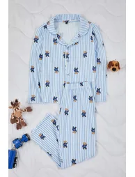طقم بيجاما ولادي محبوكة بياقة قميص - أزرق - 1