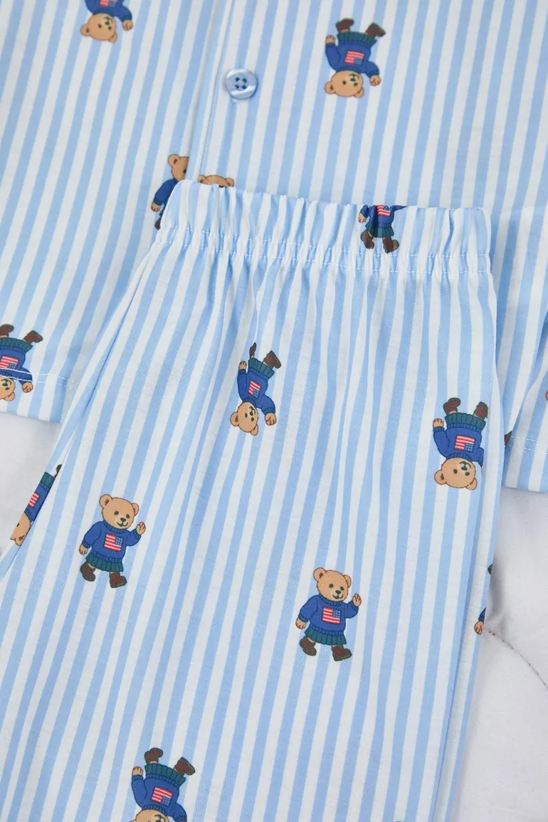 طقم بيجاما ولادي محبوكة بياقة قميص - أزرق - 2