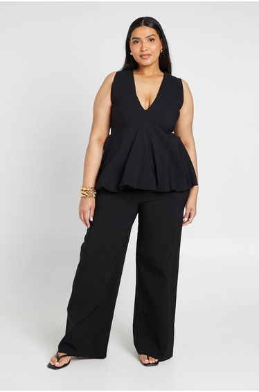 Plus Bengaline Plunge V Neck Peplum Top & Wide Leg Trouser Co Ord - black