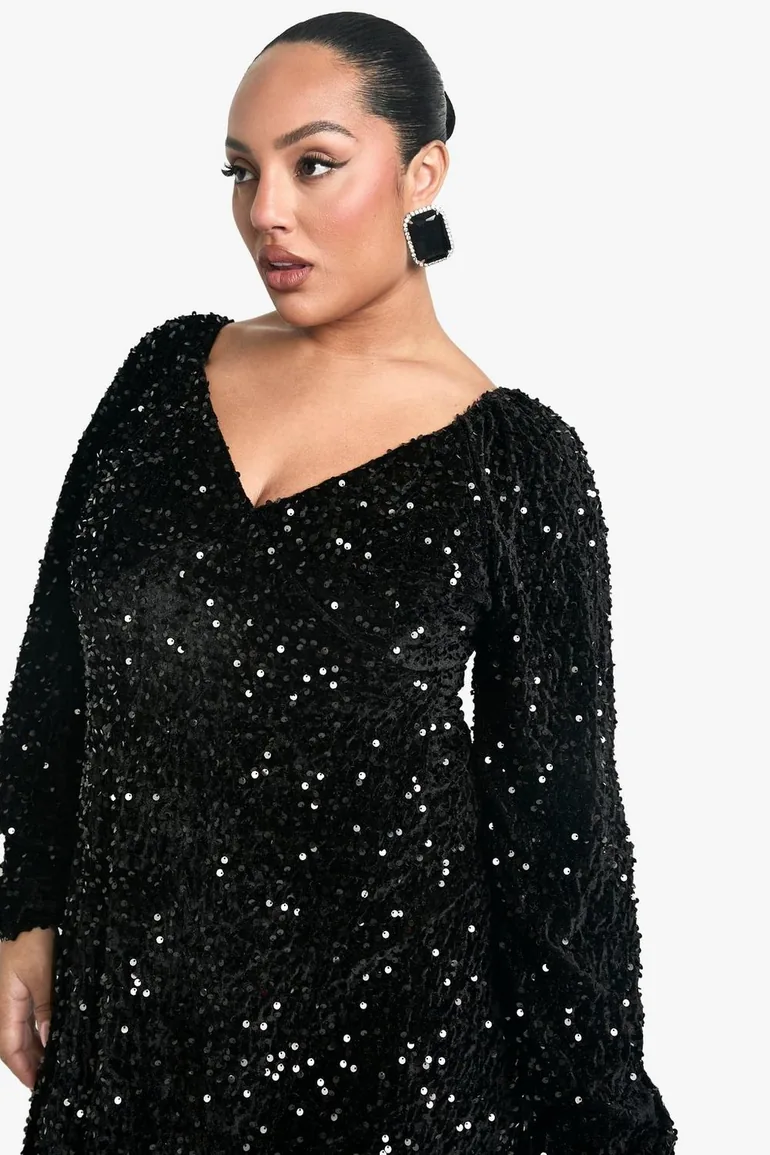 Shop Plus Velvet Sequin Swing Dress - black Online in Oman Shop Plus Velvet Sequin Swing Dress - black Online in Oman