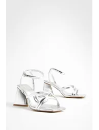 Wide Fit Flared Heel Crossover Sandals - silver