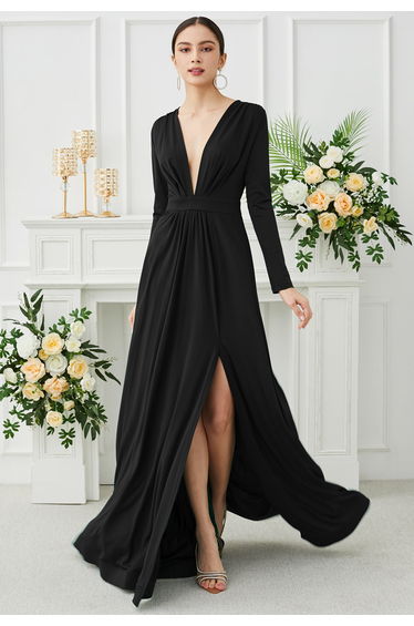 Deep V-Neck Front Split Maxi Gown in Black