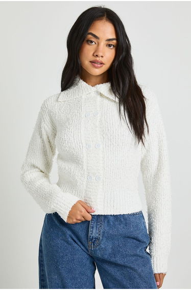 Textured Knit Collared Button Down Cardigan - cream