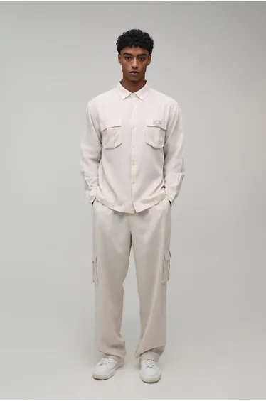 Linen Regular Cargo Shirt & Relaxed Trouser Set - natural