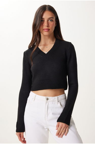 Women's Black V-Neck Crop Knitwear Sweater