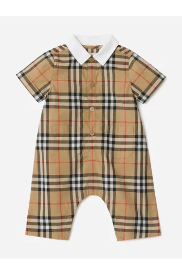 Burberry Baby Boys Andreas Check Cotton Romper in Beige
