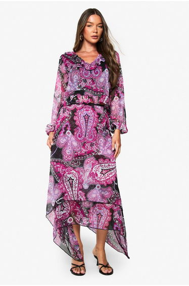 Paisley Chiffon Hanky Hem Midi Skirt - purple