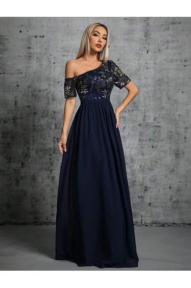 Leely Elegant One Shoulder Short Sleeve Evening Gown