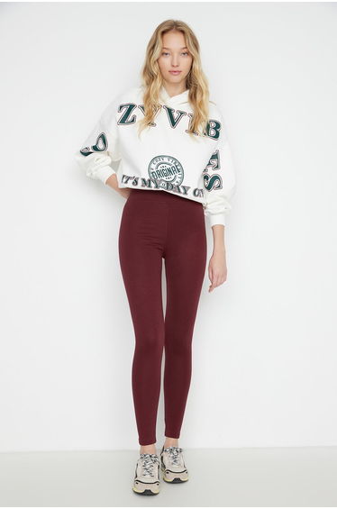 Burgundy Gathering High Waist Knitted Leggings with Elastic Waist