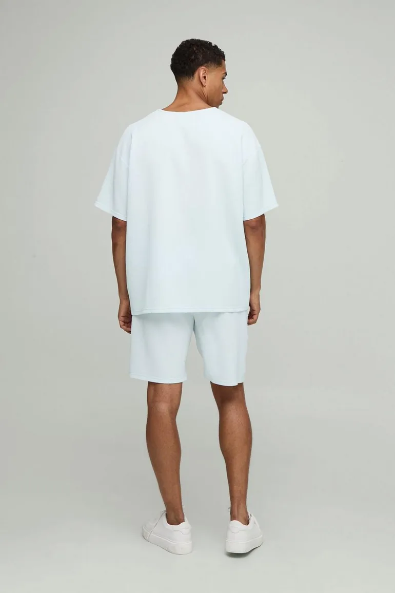 Oversized Pleated T-Shirt & Relaxed Fit Mid-Length Short Set - pastel blue - 1