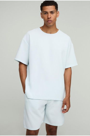 Oversized Pleated T-Shirt & Relaxed Fit Mid-Length Short Set - pastel blue