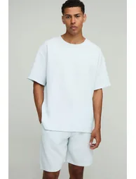 Oversized Pleated T-Shirt & Relaxed Fit Mid-Length Short Set - pastel blue