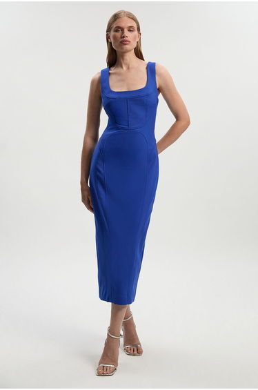 Tailored Scuba Corset Strappy Midi Pencil Dress