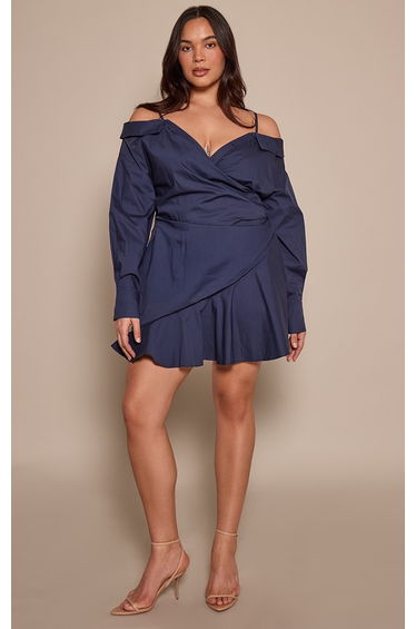 Plus Navy Off The Shoulder Asymmetric Shirt Dress