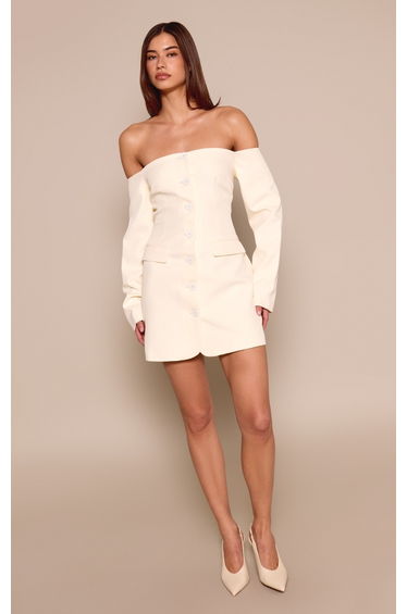 Cream Tailored Woven Bardot Button Down Shift Dress