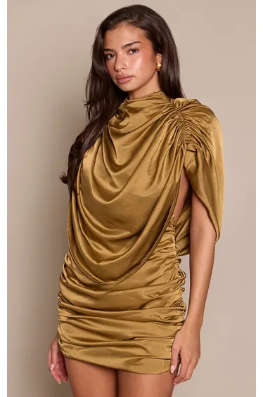 Golden Olive Satin Ruched Overlay Mini Dress