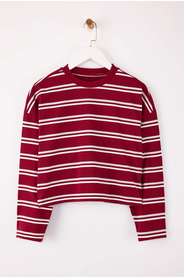 Burgundy Striped Relaxed/Casual Fit Low Arm Long Sleeve Tok 100% Cotton Knitted T-Shirt
