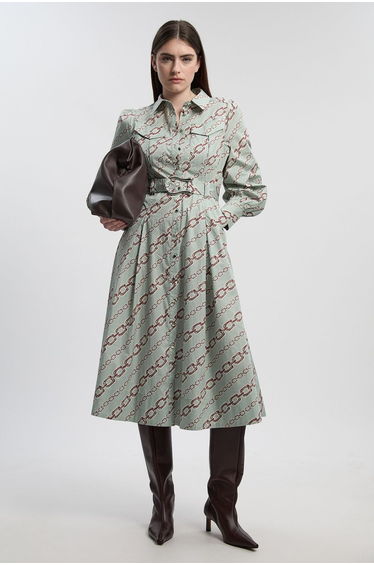 Petite Chain Print Cotton Sateen Belt Detail Woven Shirt Dress