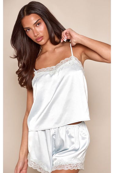 Baby Blue Satin Lace Detail Shorts Cami PJ Set