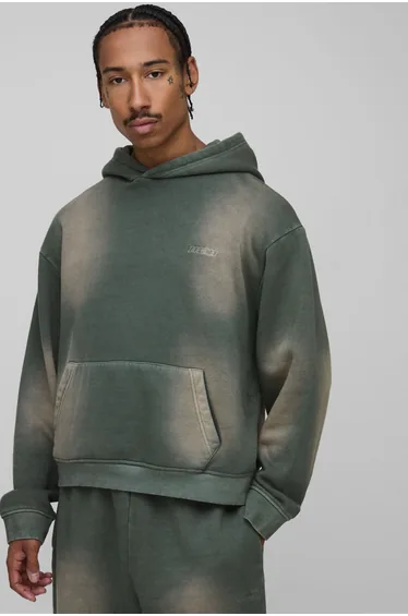 Oversized Boxy Spray Wash Man Sport Embroidered Hoodie - olive