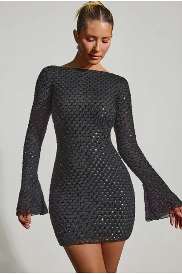 Embellished Open-Back A-Line Mini Dress in Black