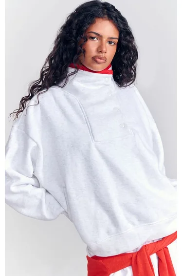 Oatmeal Funnel Neck Contrast Neckline Sweatshirt