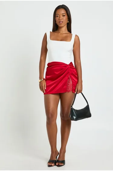 Lace Insert Satin Mini Skirt - red