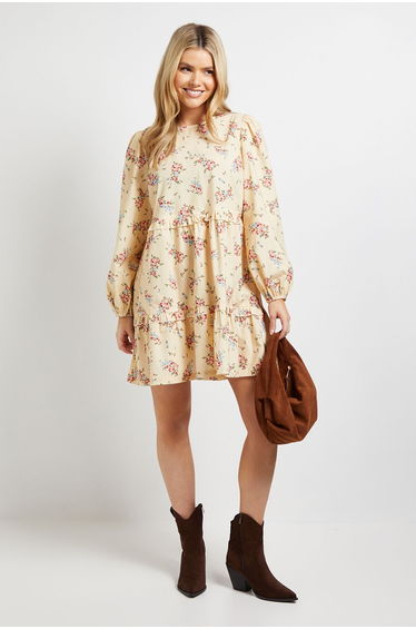 Yellow Ditsy Floral Frill Tiered Printed Poplin Mini Smock Dress