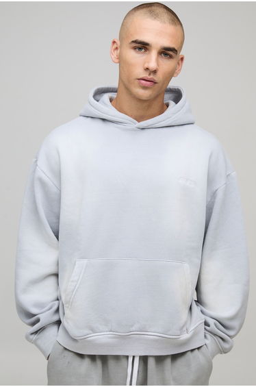 Oversized Boxy Spray Wash Man Sport Embroidered Hoodie - grey