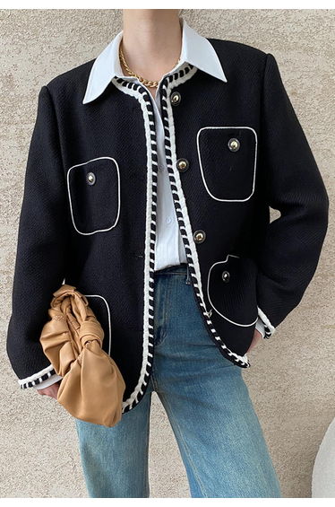 Contrast Edge Buttoned Wool Tweed Coat