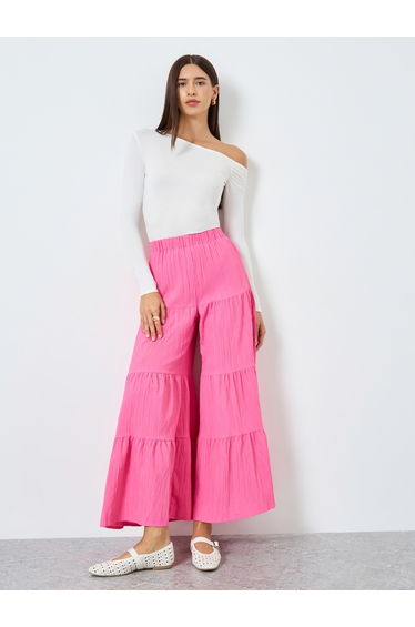 Pink Textured Tiered Palazzo Pants