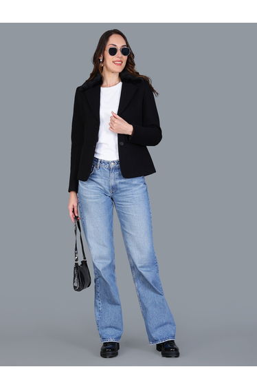 Women Black Button-Front Regular Blazer