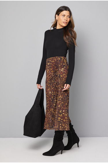 Animal Print Mesh Ruched Midi Skirt