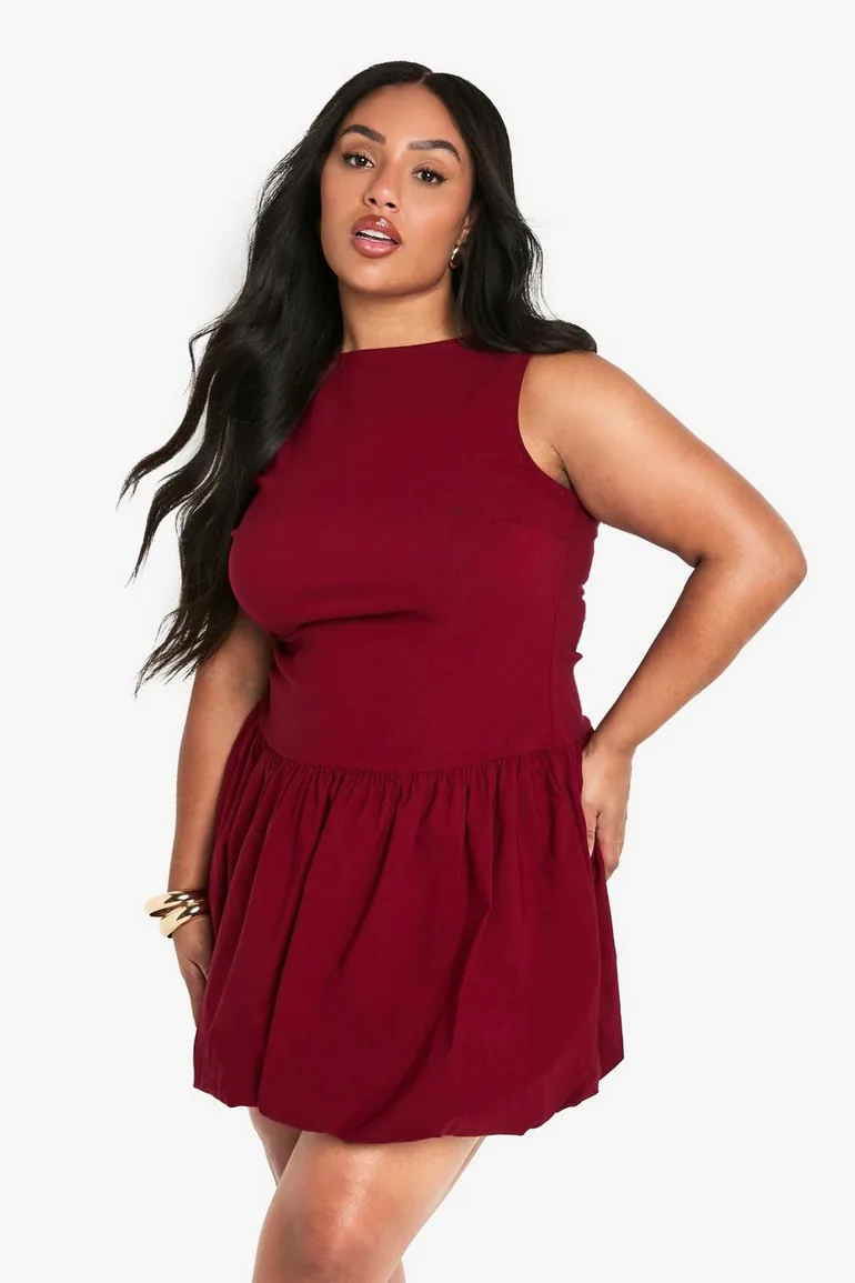 Plus BENGALINE ROUCHED BUBBLE HEM MINI DRESS - wine - 2